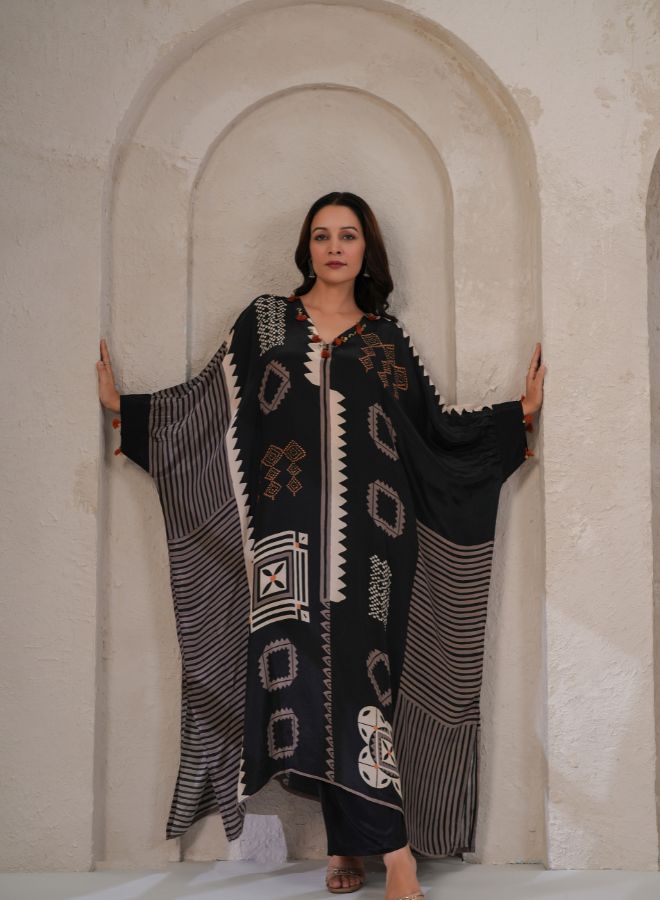 Black Geometric Print Kaftan Co-ord Set