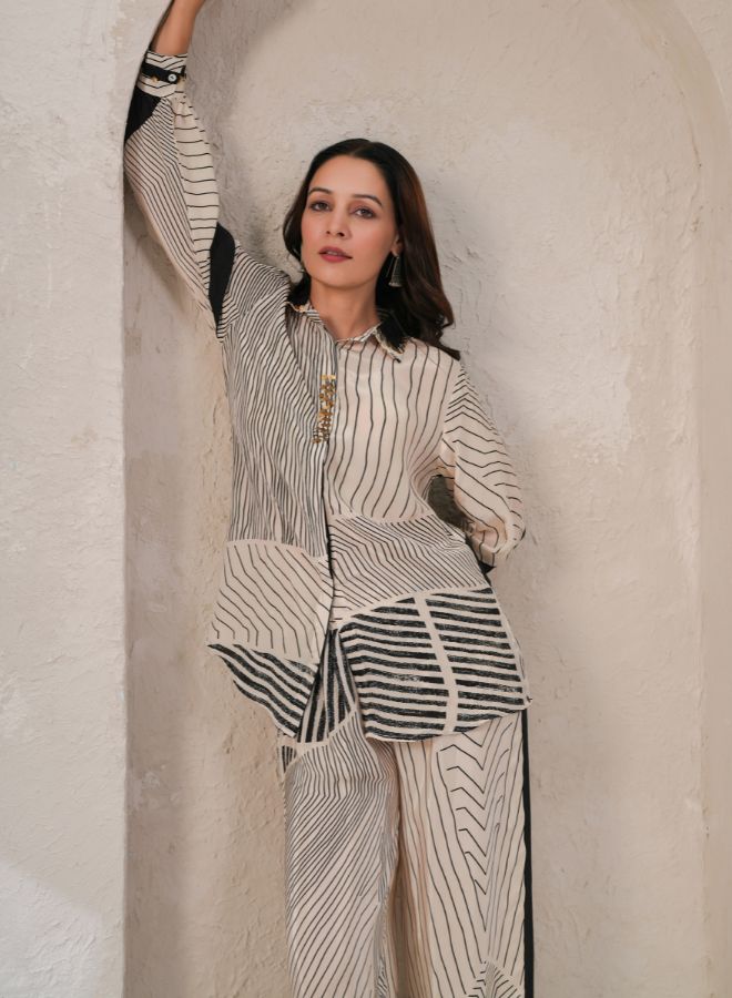 Chic Beige and Black Striped Coord Set