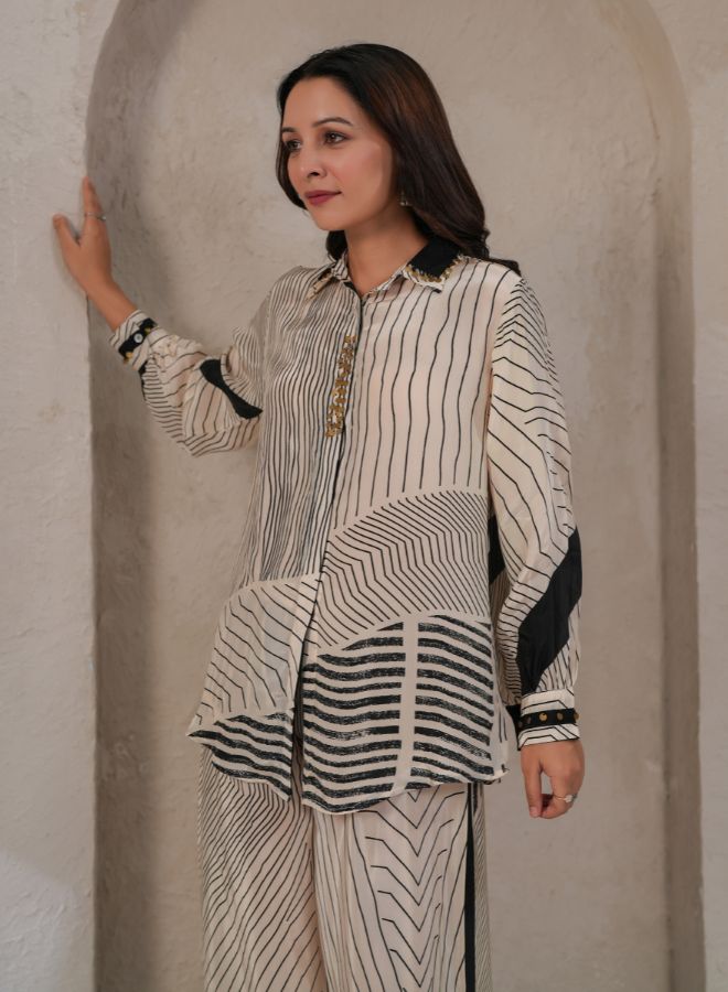 Chic Beige and Black Striped Coord Set