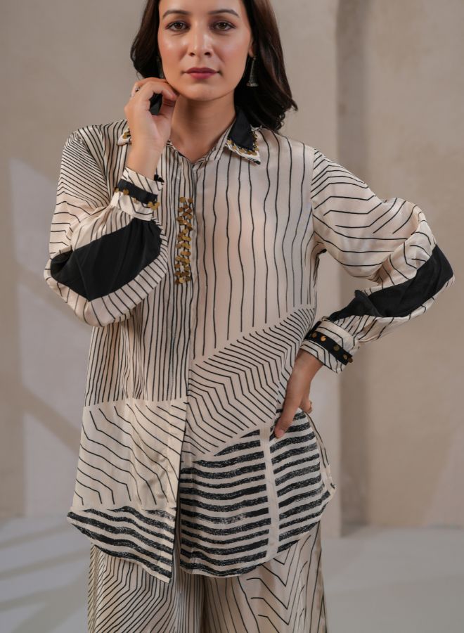 Chic Beige and Black Striped Coord Set
