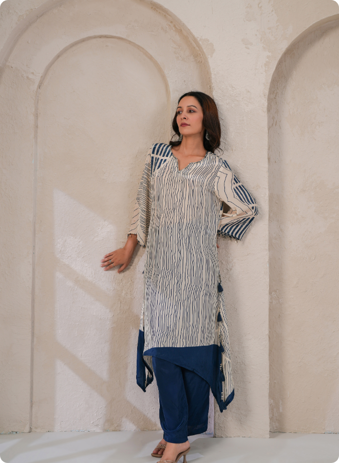 Chic Striped Asymmetrical Kaftan Set