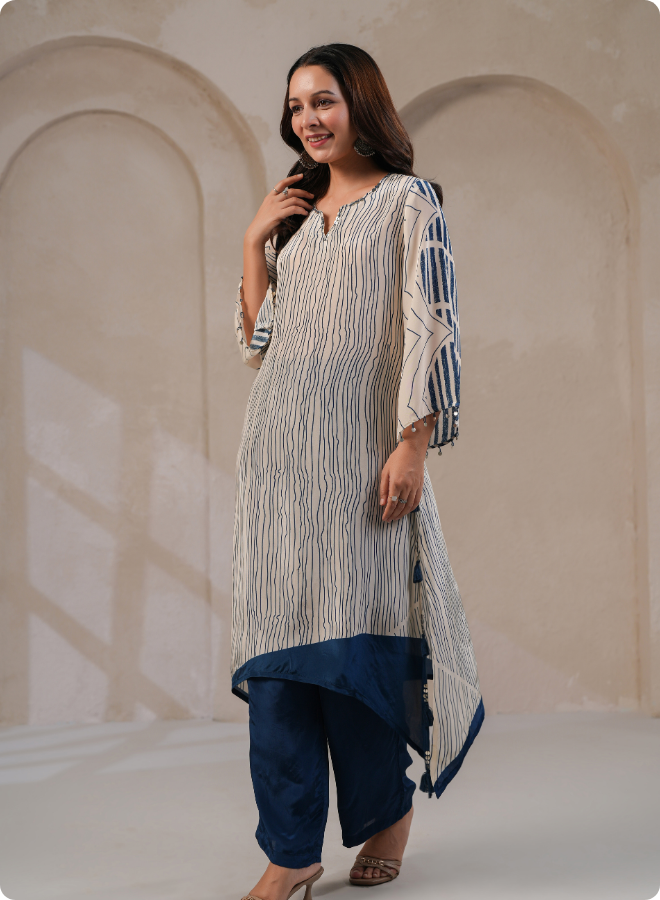 Chic Striped Asymmetrical Kaftan Set
