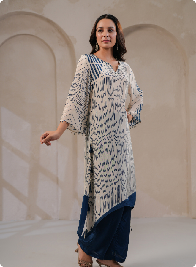 Chic Striped Asymmetrical Kaftan Set