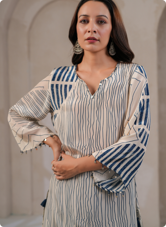 Chic Striped Asymmetrical Kaftan Set