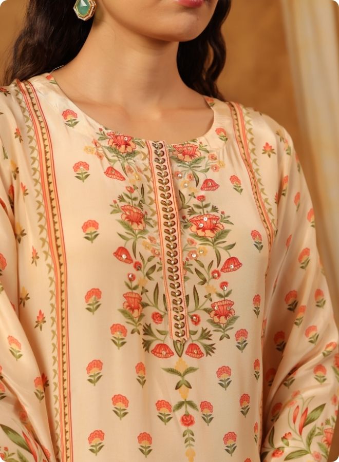 Beige Floral Printed Coord Set for Women