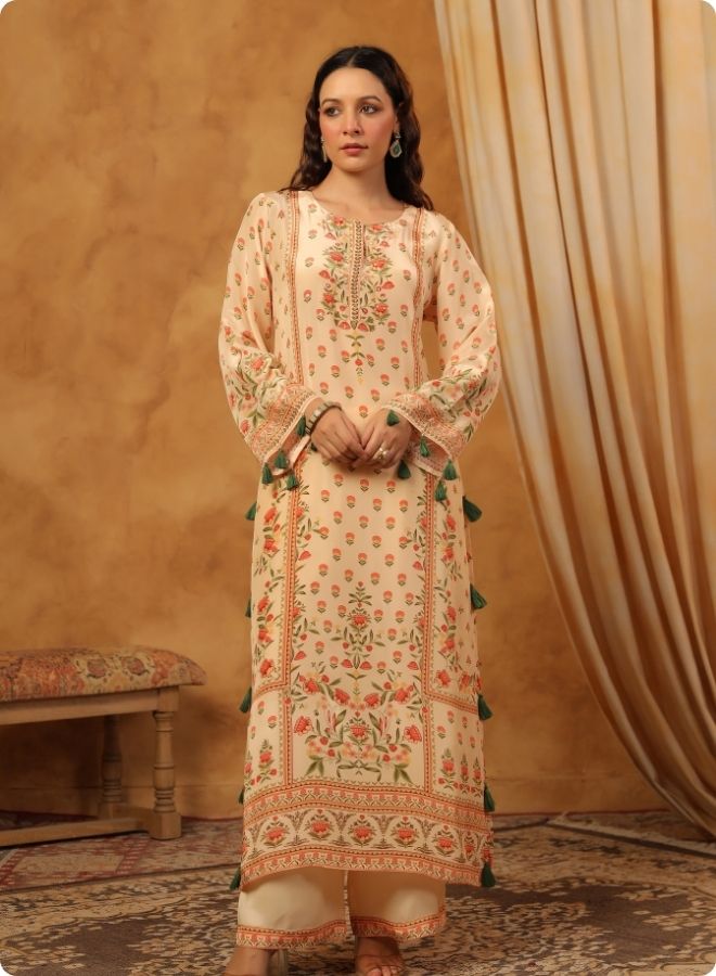 Beige Floral Printed Coord Set for Women