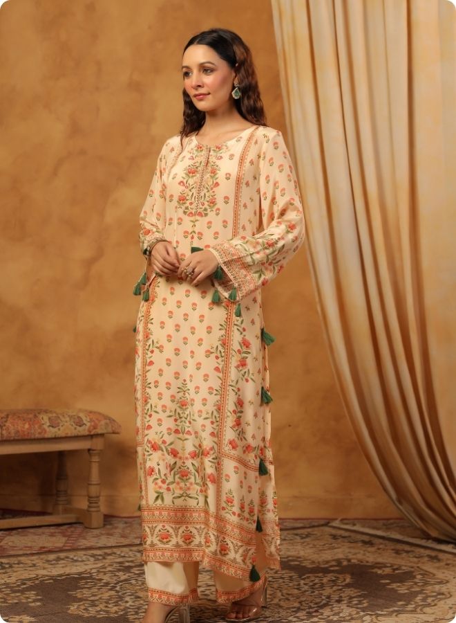Beige Floral Printed Coord Set for Women