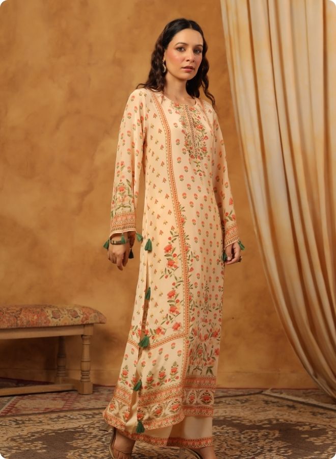 Beige Floral Printed Coord Set for Women