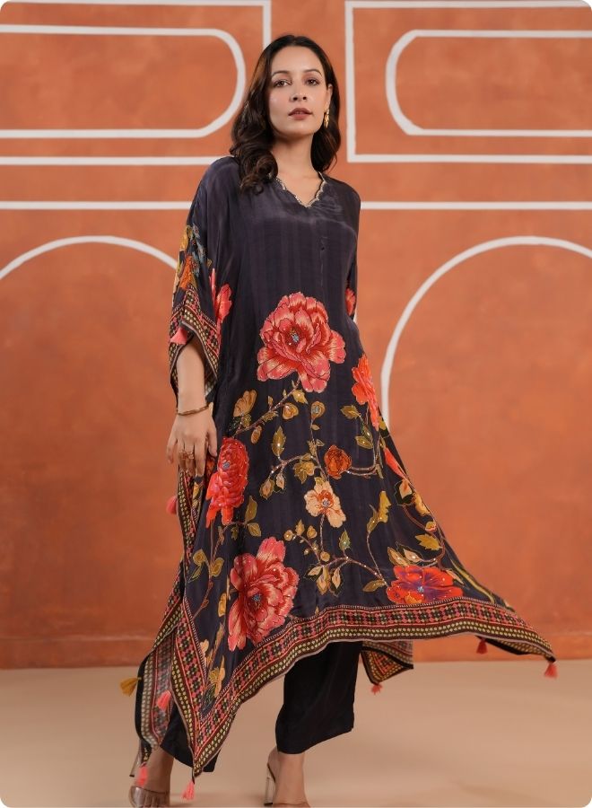 Black Floral Kaftan Set