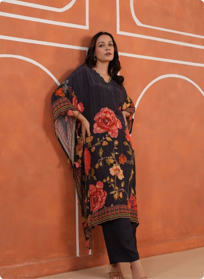 Black Floral Kaftan Set