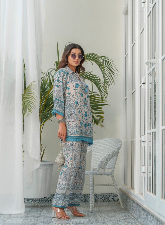 Sea Green Printed Co-ord Set with Kurta and Trousers