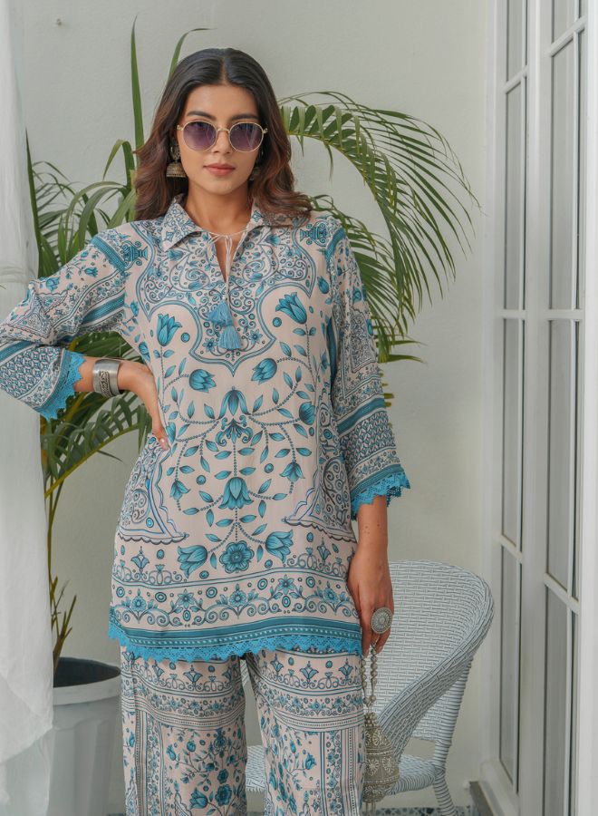Sea Green Printed Co-ord Set with Kurta and Trousers