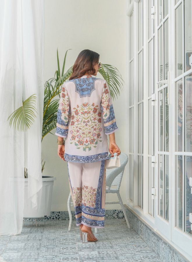 Elegant White & Blue Floral Co-Ord Set