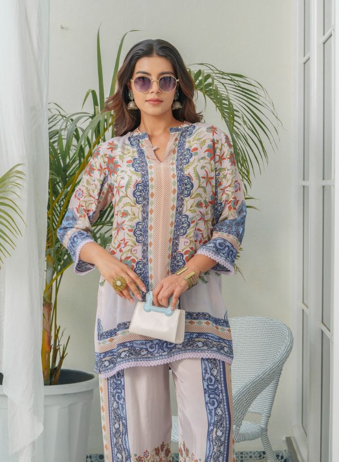 Elegant White & Blue Floral Co-Ord Set