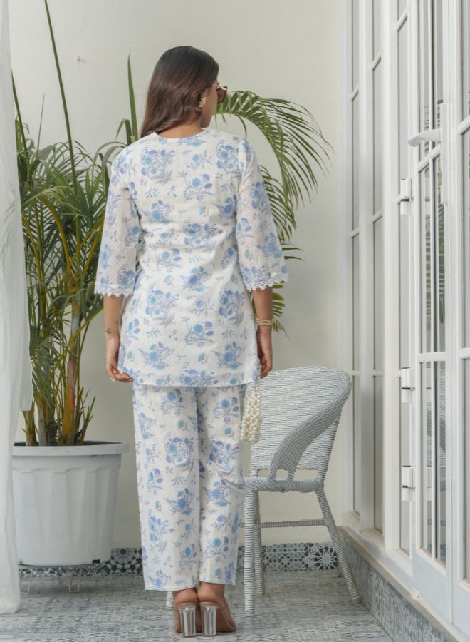 Elegant White & Blue Floral Embroidered Summer Set