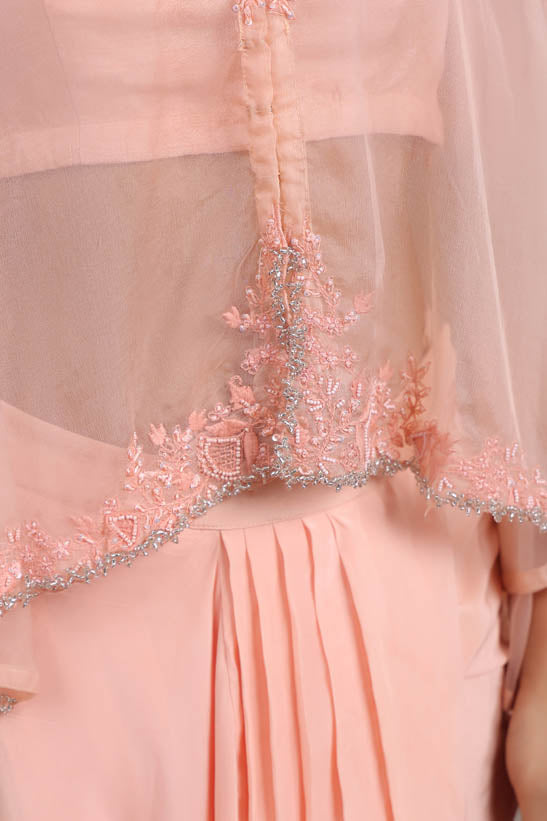Peach Embroidered Women Cape Dhoti Set