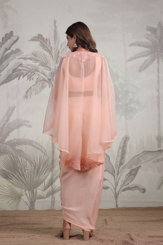Peach Embroidered Women Cape Dhoti Set