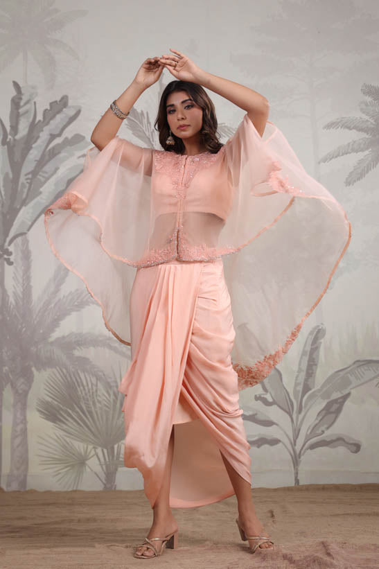Peach Embroidered Women Cape Dhoti Set