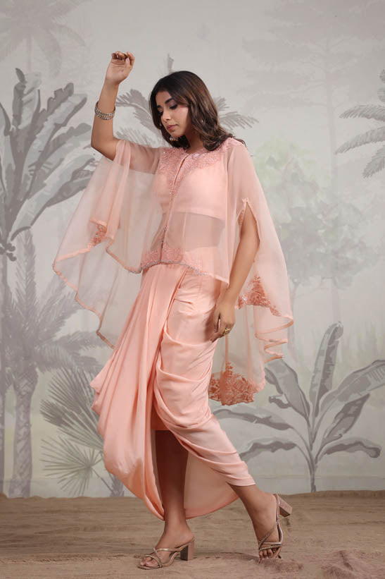 Peach Embroidered Women Cape Dhoti Set