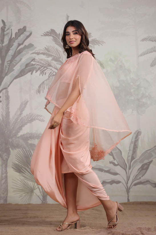 Peach Embroidered Women Cape Dhoti Set