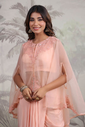Peach Embroidered Women Cape Dhoti Set