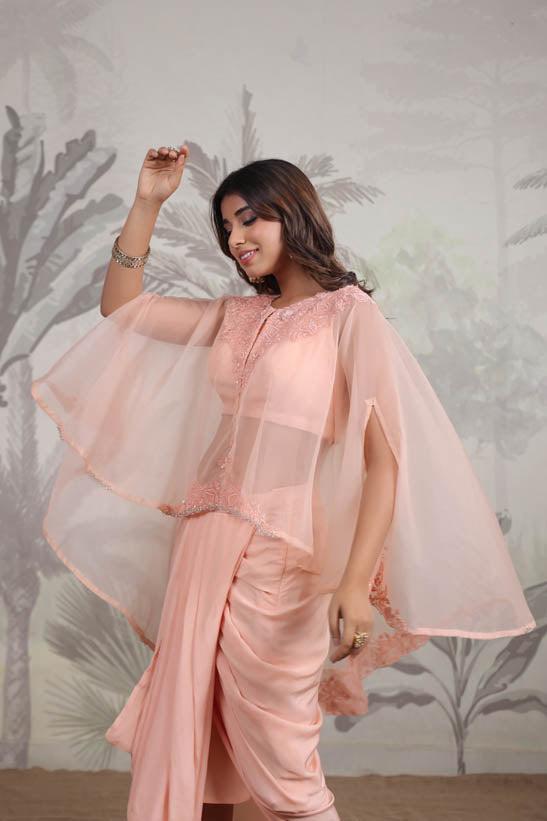 Peach Embroidered Women Cape Dhoti Set