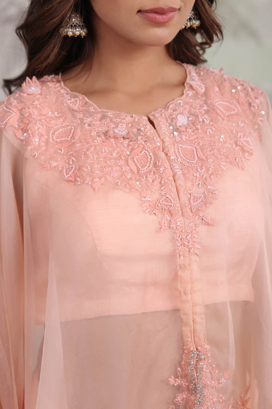 Peach Embroidered Women Cape Dhoti Set