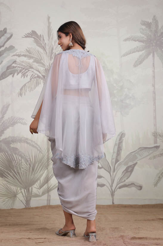 Grey Embroidered Women Cape Dhoti Set