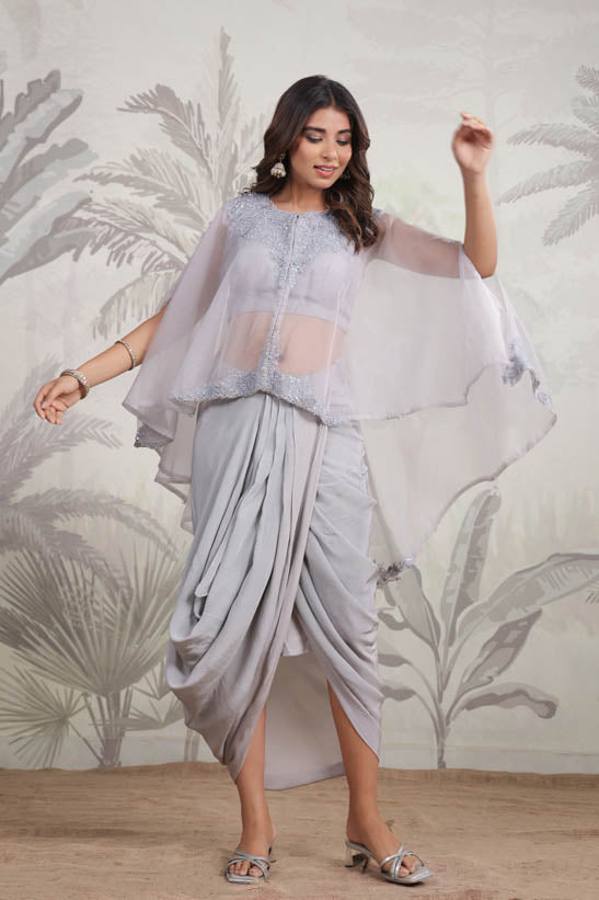 Grey Embroidered Women Cape Dhoti Set
