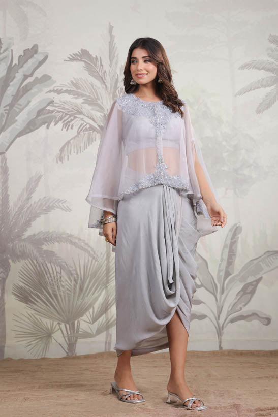 Grey Embroidered Women Cape Dhoti Set