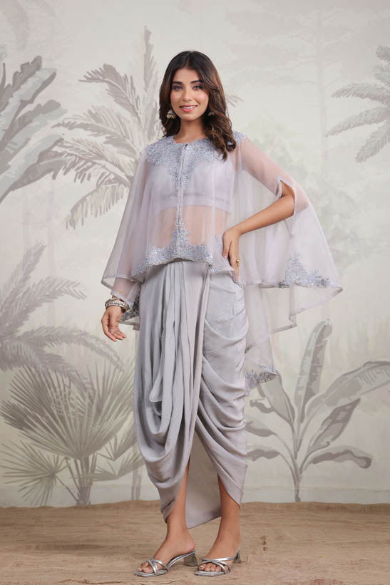 Grey Embroidered Women Cape Dhoti Set