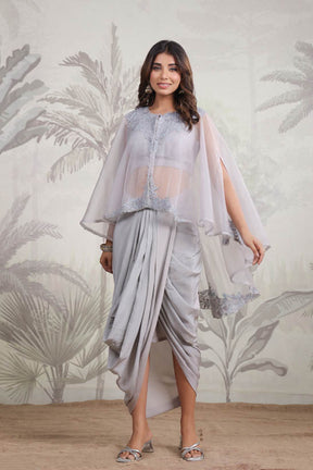 Grey Embroidered Women Cape Dhoti Set