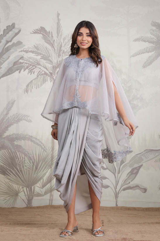 Grey Embroidered Women Cape Dhoti Set