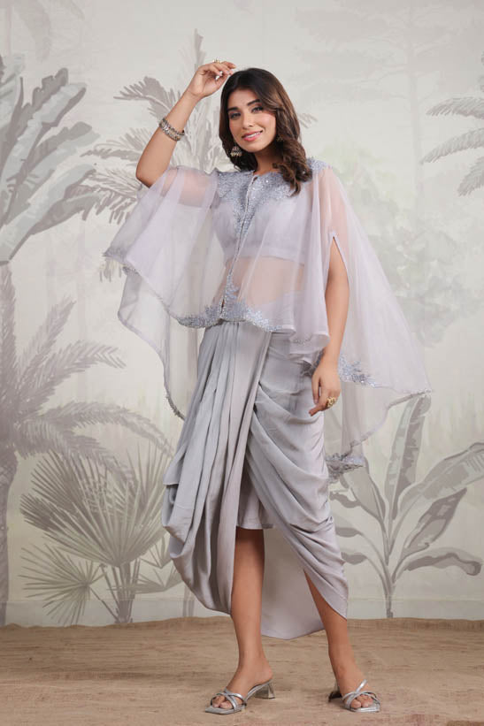 Grey Embroidered Women Cape Dhoti Set