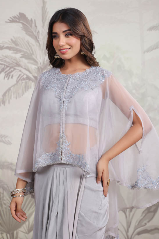 Grey Embroidered Women Cape Dhoti Set