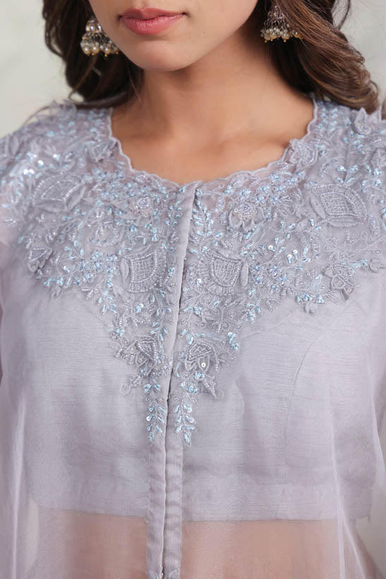 Grey Embroidered Women Cape Dhoti Set