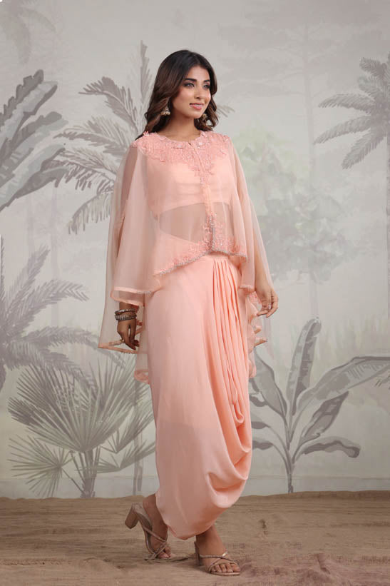 Peach Embroidered Women Cape Dhoti Set
