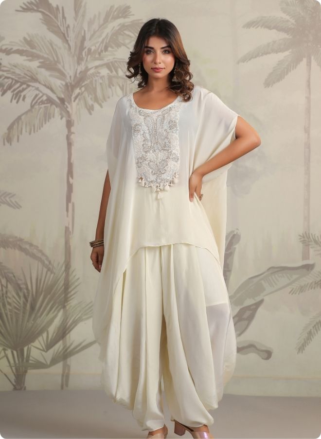 Cream Embroidered Cape Sleeve Kurta Set