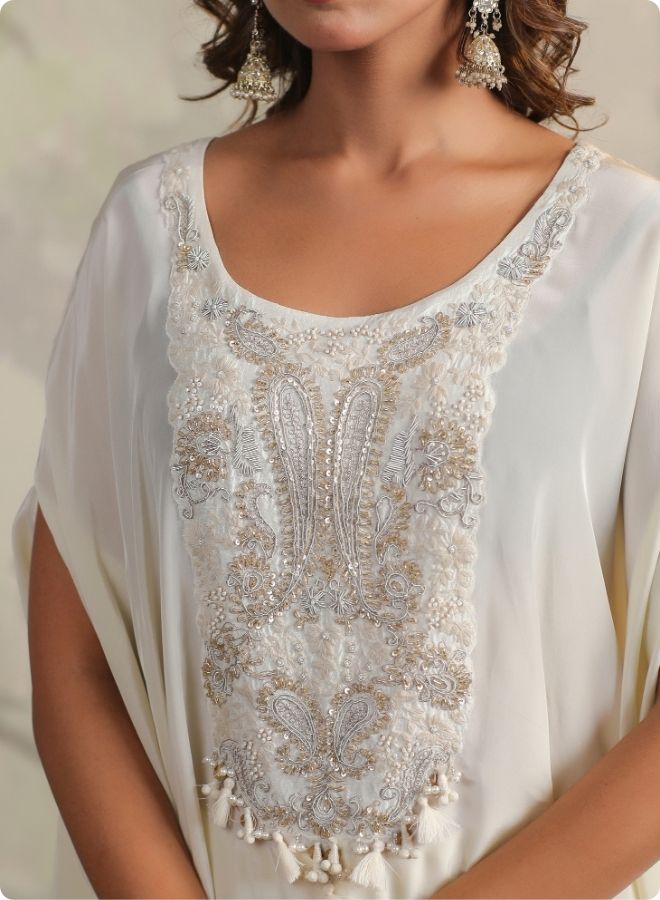 Cream Embroidered Cape Sleeve Kurta Set