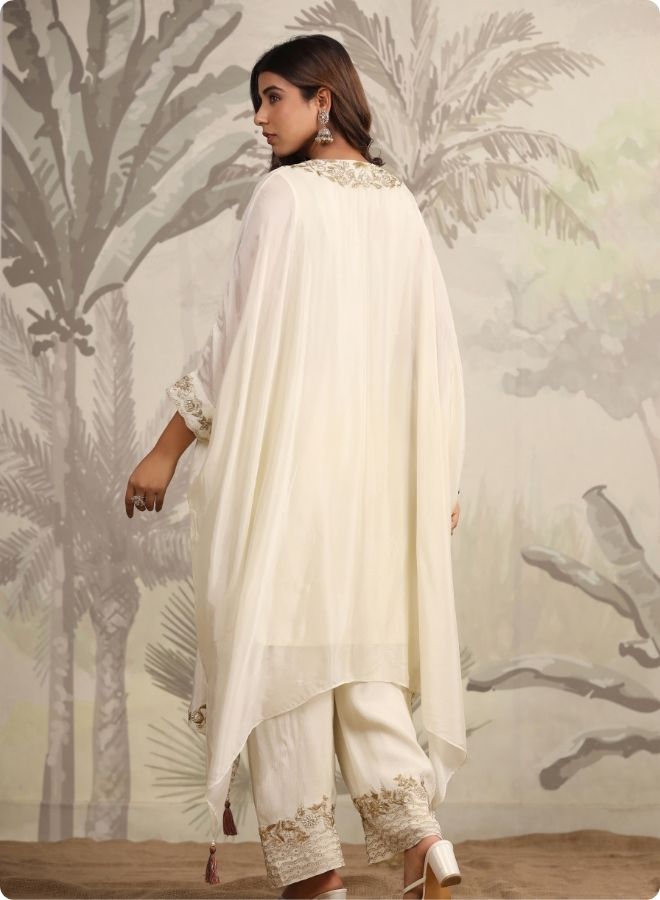 Cream Embroidered Flared Kurta Set