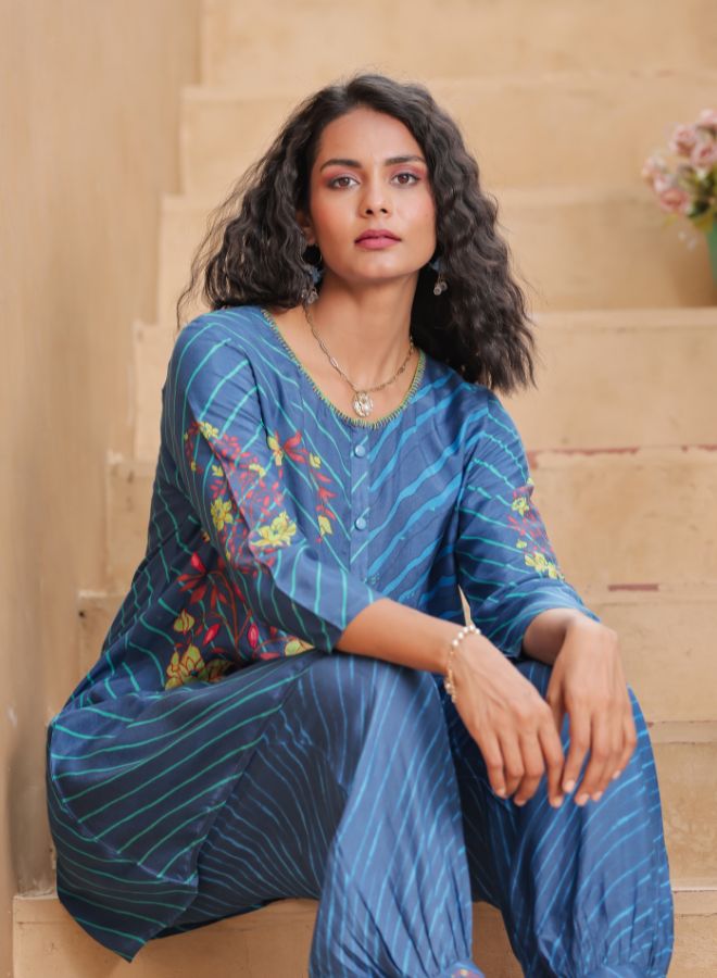 Blue Chevron Print Tunic and Harem Pants Set