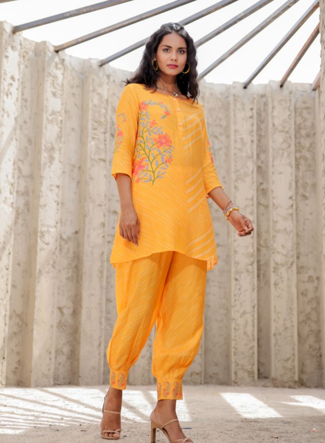 Yellow Floral Print Tunic and Pants Set
