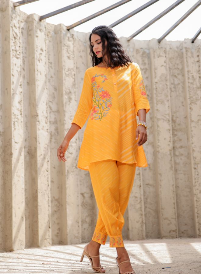 Yellow Floral Print Tunic and Pants Set