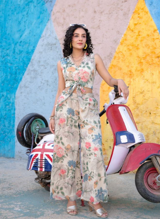 Cream Floral Print Three-Piece Set with Sheer Cape