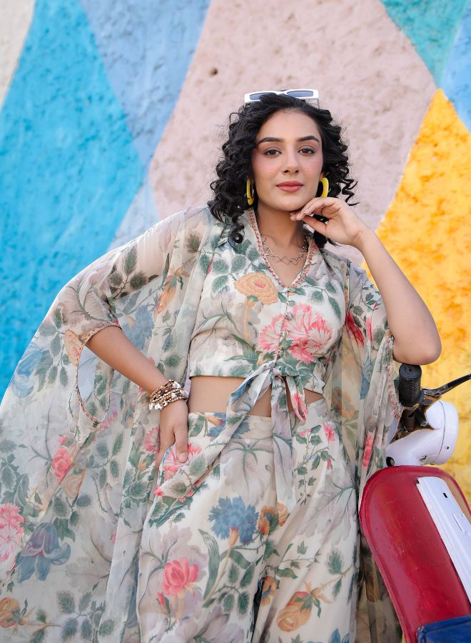 Cream Floral Print Three-Piece Set with Sheer Cape
