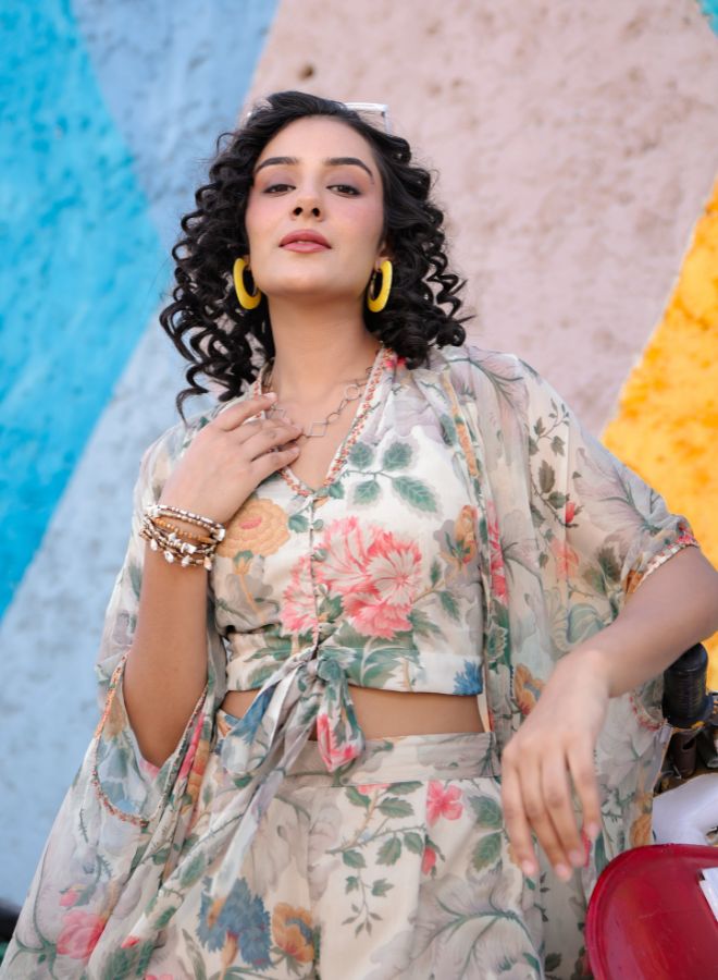 Cream Floral Print Three-Piece Set with Sheer Cape