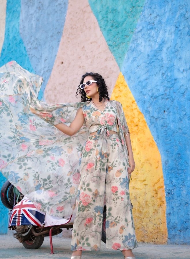 Cream Floral Print Three-Piece Set with Sheer Cape