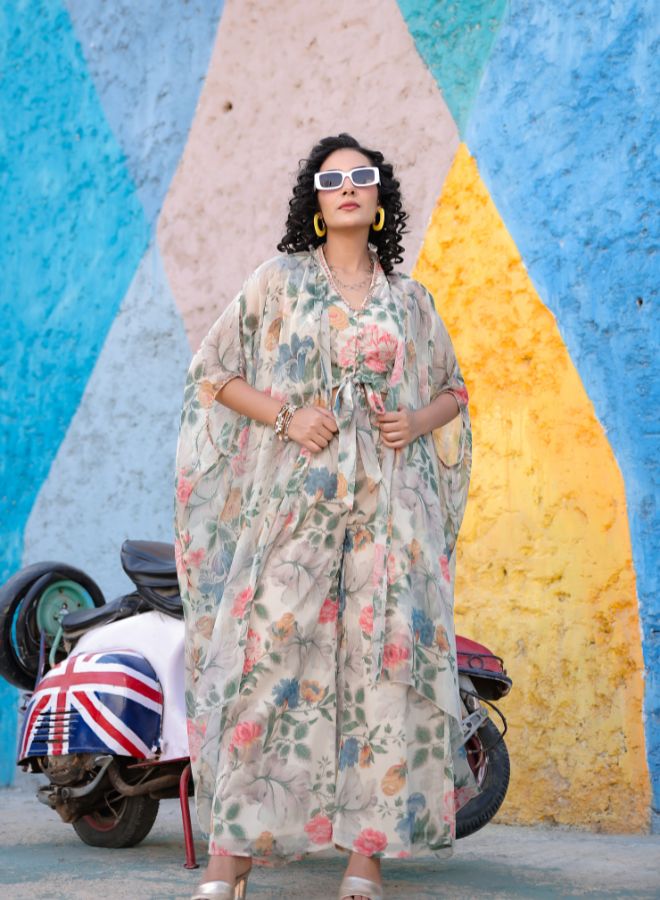 Cream Floral Print Three-Piece Set with Sheer Cape