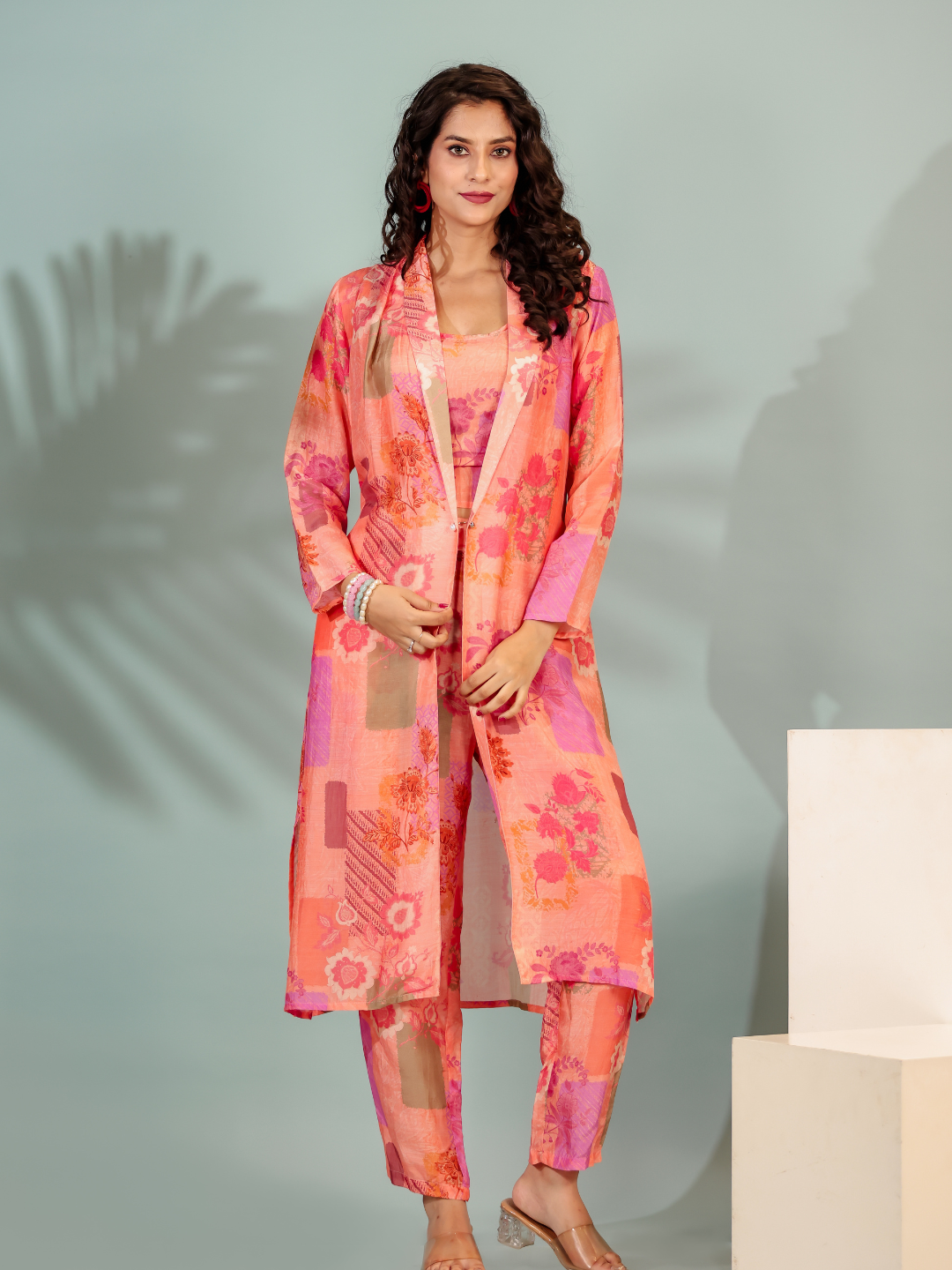 Stylish and elegant peach printed co-ord set with jacket
