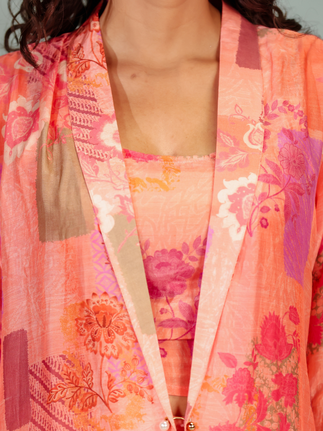 Stylish and elegant peach printed co-ord set with jacket